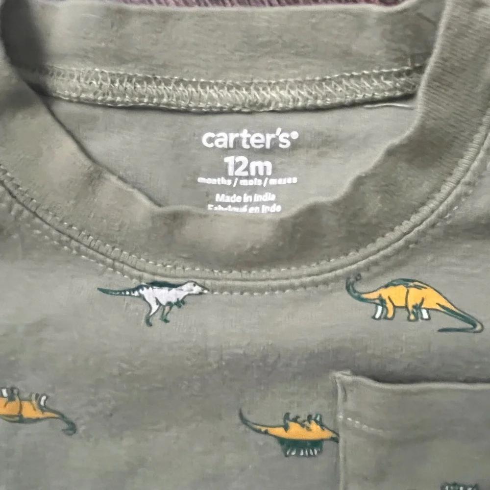 Carter's Dinosaur Bodysuit Long‎ Sleeve Pocket Green Cotton 12M